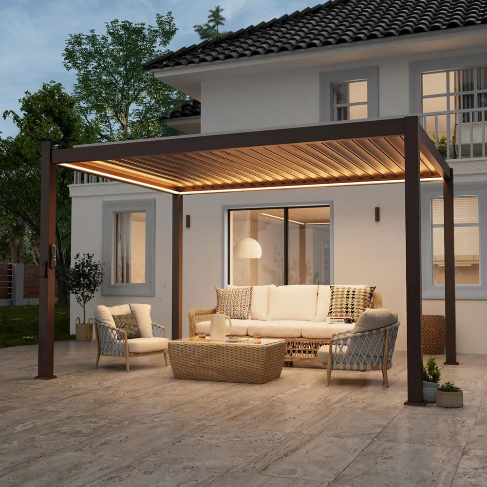 JOYESERY 10 ft. x 13 ft. LED Modern Steel Louvered Pergola