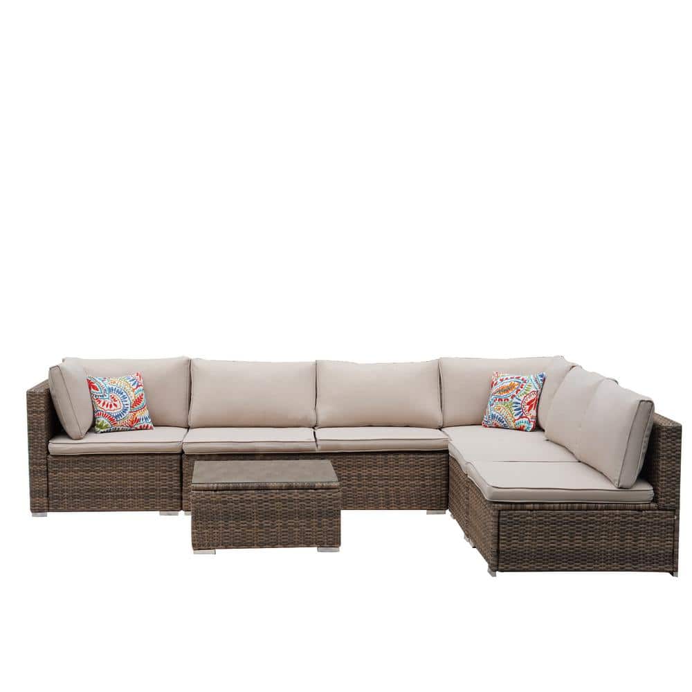 7-Piece Orange Wicker Patio Conversation Set with Cushions