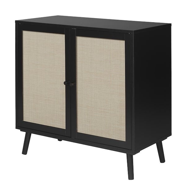 ATHMILE Black Wooden 31.5 in. W 2-Door Rattan sideboard Buffet Storage Cabinet with adjustable shelves
