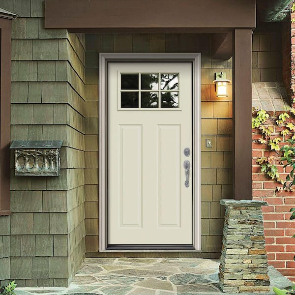 30 in. x 80 in. 6 Lite Craftsman Vanilla Painted Steel Prehung Left-Hand Inswing Front Door w/Brickmould