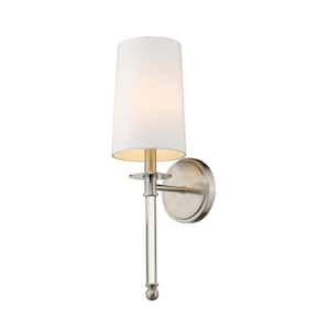 1-Light Brushed Nickel Wall Sconce with White Fabric Shade