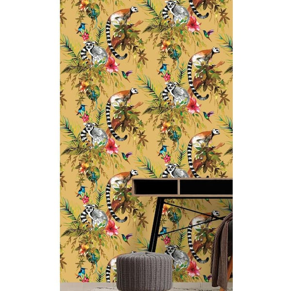 Walls Republic Ochre Lemur in Tropical Rainforest Floral Shelf Liner Non- Woven Non-Pasted Wallpaper (57Sq.ft) Double Roll