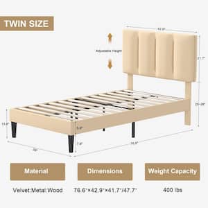 Upholstered Bedframe, Beige Metal Frame Twin Platform Bed with Adjustable Headboard, Wood Slat, No Box Spring Needed