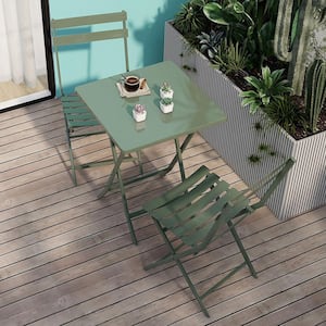 Dark Green 3-Piece Metal Outdoor Bistro Patio Bistro Set of Foldable Square Table and Chairs Coffee Table Set