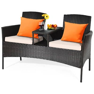 Gymax 3-Piece Rattan Wicker Patio Conversation Set with Loveseat Table and Gray Cushions