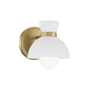 Meridian 7 in. W x 6 in. H 1-Light Natural Brass Wall Sconce with White Metal Shade