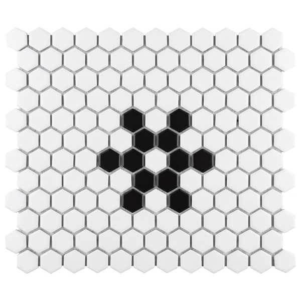 Merola Tile Metro 1 in. Hex Matte White w/Snowflake 10-1/4 in. x 11-7/8 in. Porcelain Mosaic Tile (8.6 sq. ft./Case)