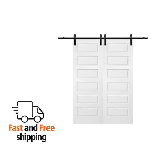 72 in. x 96 in. Rockport Molded Solid Core Primed MDF Smooth Surface Double Sliding Barn Door with Hardware Kit