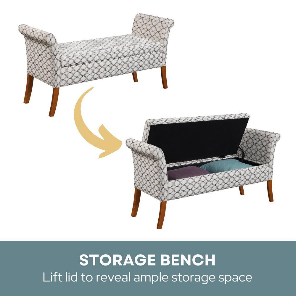 Elegant Ribbon Pattern Tufted Storage Bench with Rolled Armrests