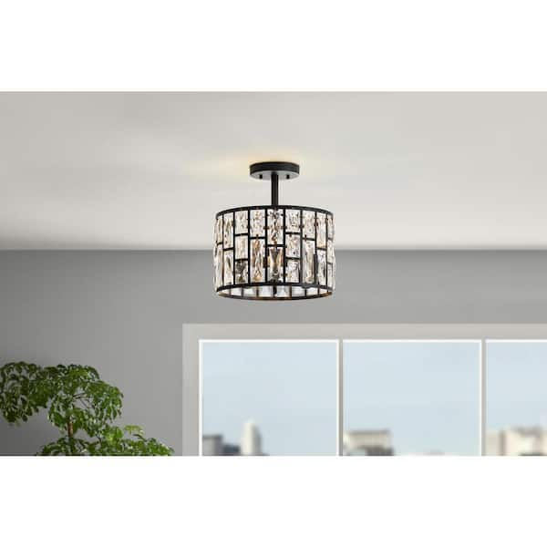 Kristella 12.5 in. 3-Light Matte Black Semi Flush Mount Light with Clear Crystal Shade