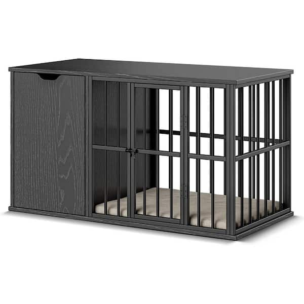 FUFU&GAGA Dog Crate Furniture End Table with Built-In Storage Cabinet, Black Wooden Dog Kennel with Cushion for Medium Small Dogs