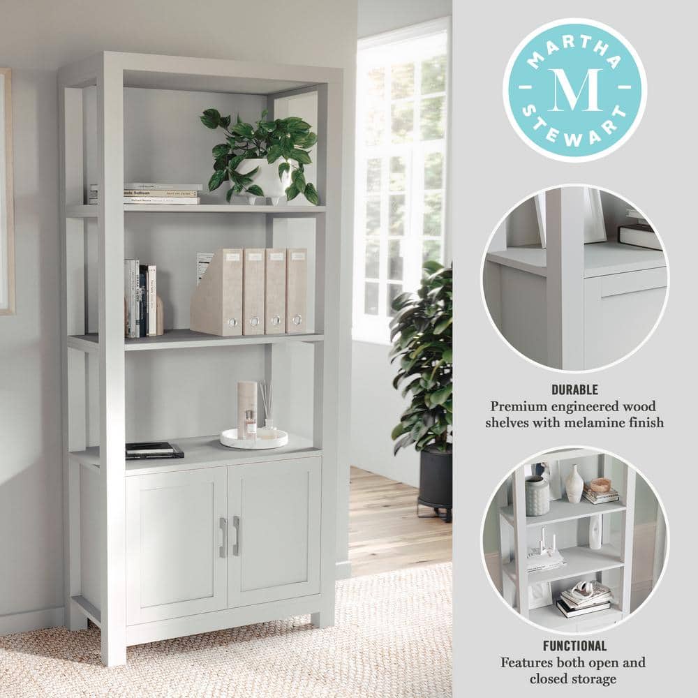 Martha Stewart 68" Gray Wood Shaker Bookcase with Storage Cabinet