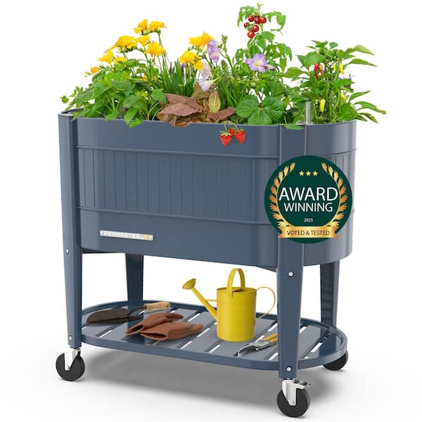 39 in. L x 19.25 in. W x 14.5 in. H Raised Steel Garden Bed with EnGrow TrueSoil Technology, Storage Shelf, Blue