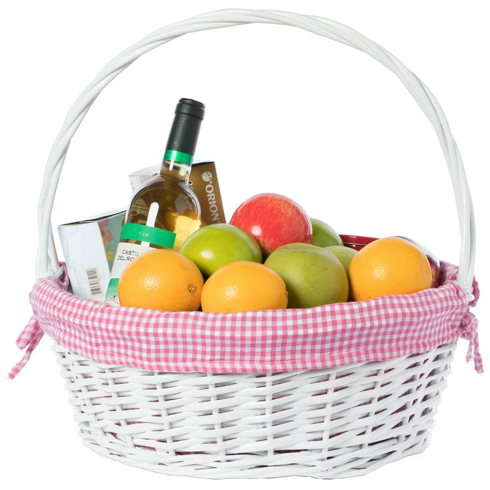 White Wicker Round Basket with Pink Gingham Liner