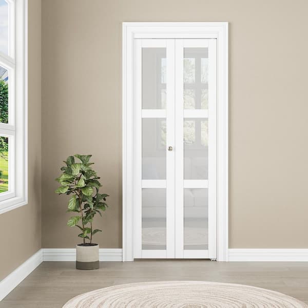 30 in. x 80 in. Solid Core Primed 3-Lite White Tempered Frosted Glass Wood Closet Bi-fold Door with Hardware