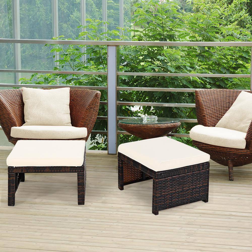 White PE Rattan Outdoor Ottomans with Cushions, Set of 2