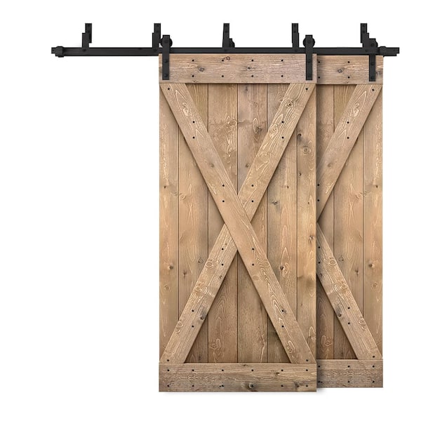 CALHOME 72 in. x 84 in. X Bypass Light Brown Stained DIY Solid Wood Interior Double Sliding Barn Door with Hardware Kit