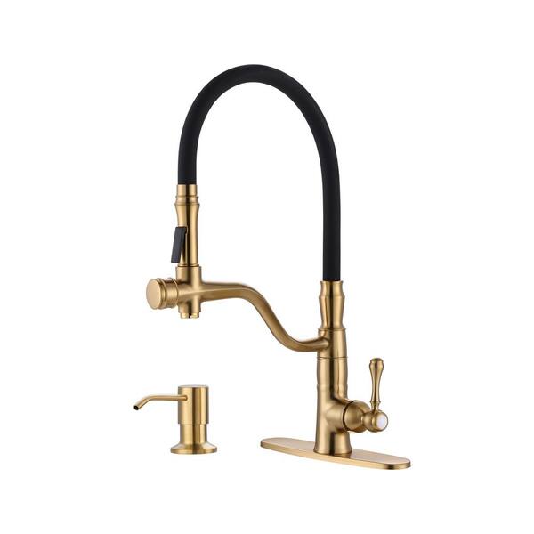 WOWOW Single-Handle High-Arc Pull Down Sprayer Kitchen Faucet with Soap Dispenser in Solid Brass in Brushed Gold