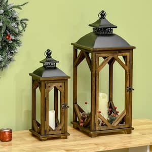 31 in./21 in. Large Rustic Lantern Decorations Hanging Wooden Metal Indoor Covered Outdoor Lantern for Home Decor 2-Pack