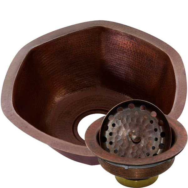 Navarre Antique 16-Gauge Hammered Copper 16 in. Hexagon Undermount Bar Sink with Copper Drain Basket