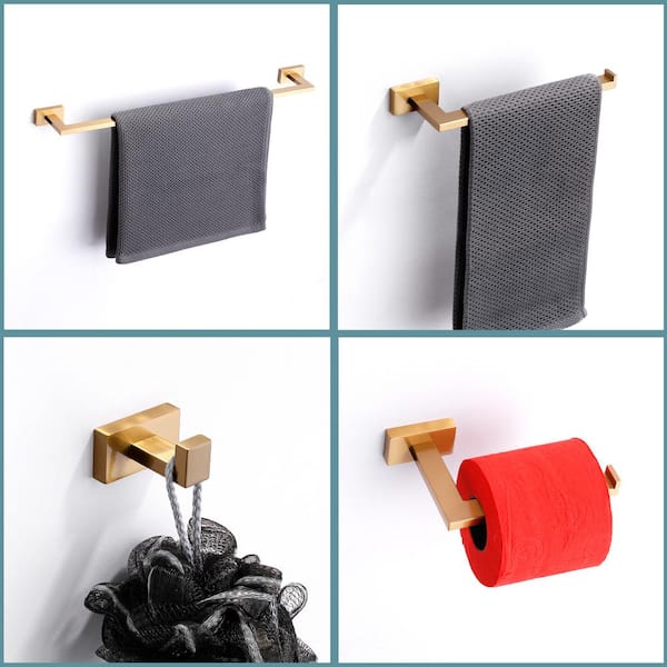 Stainless Steel 5-Piece Square Bath Hardware Set with 2-Towel Bars,  2-Hooks and Toilet Paper Holder in Gold