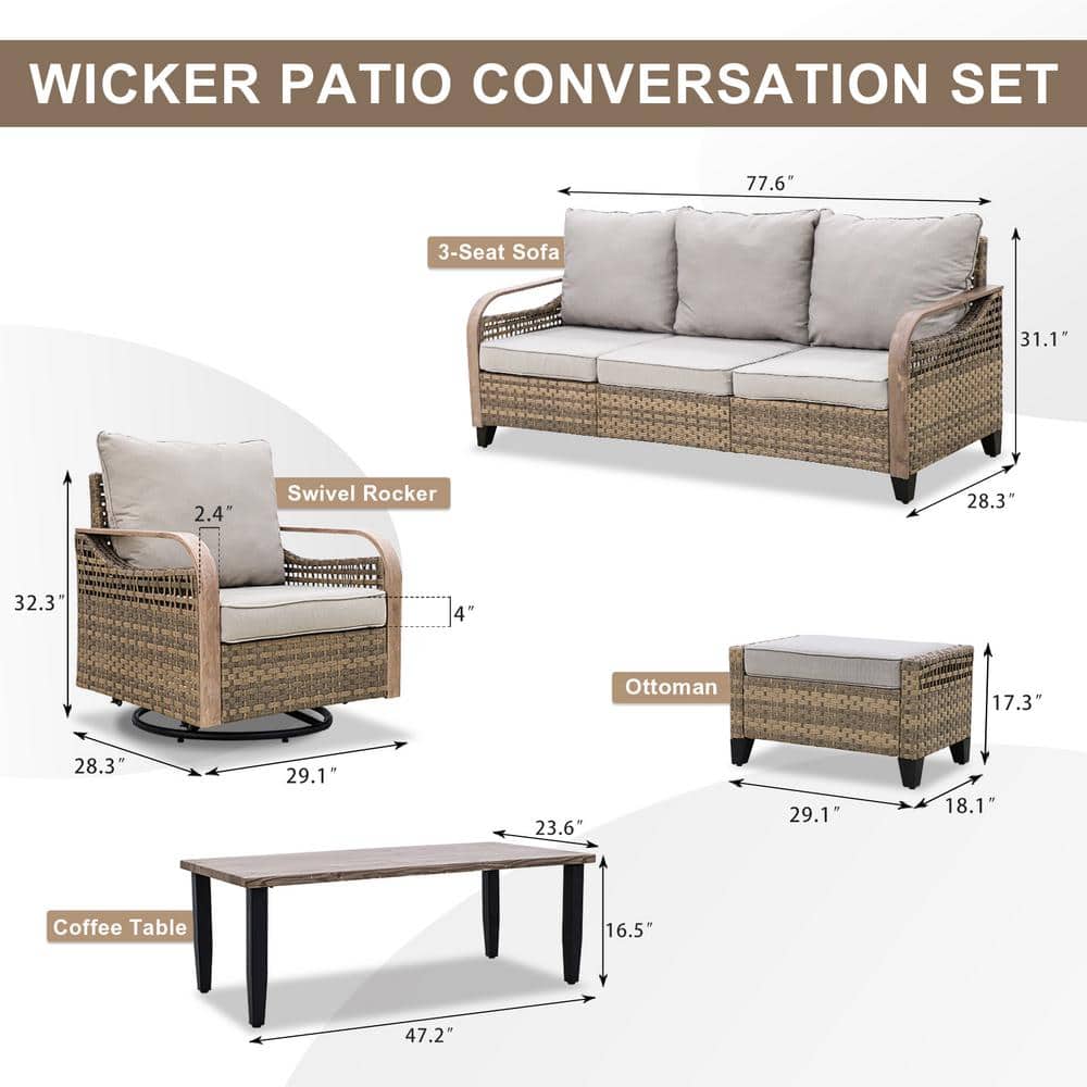 5-Piece Gray Wicker Outdoor Sofa Seating Group with Cushions