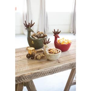 Green, Red and White Decorative Deer Bowls (Set of 3)