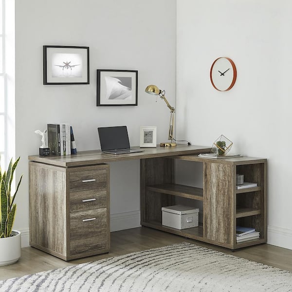 HOMESTOCK 24 in. L-Shaped Desk with Drawers, Large Modern Computer Desk, Storage Drawers and Shelves for Home Office in Natural