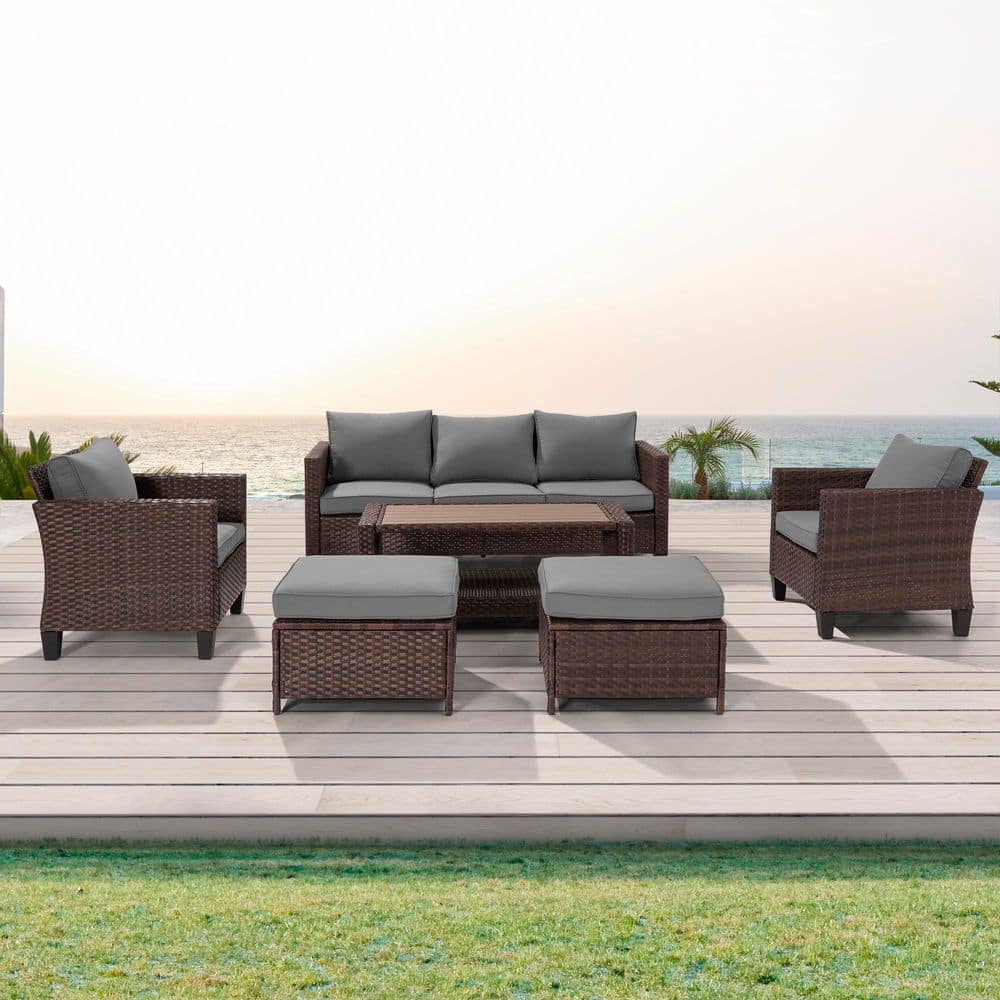 6-Set Outdoor Brown PE Wicker Furniture Conversation Couch Set with Ottomans for Lawn, Patio and Porch, Gray price history on PriceWatchPro