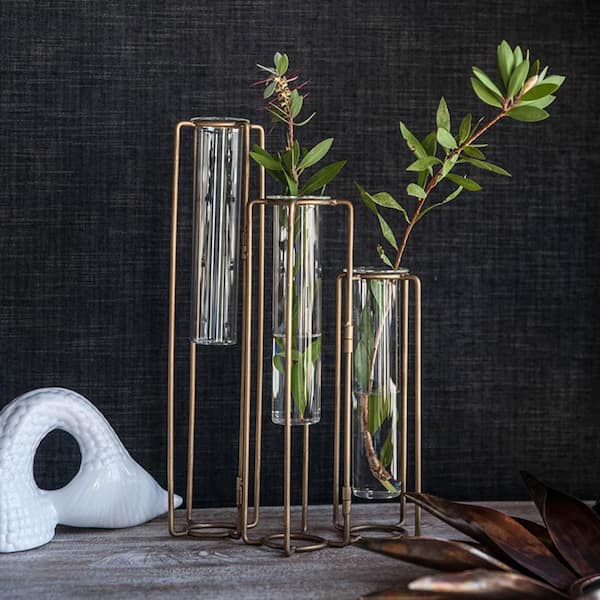 15 in. Gold Metal Cylinder Decorative Vase, Oversized Pedestal Beaker Vase, for Home Decor, Artificial Plants WSYW2078P423053