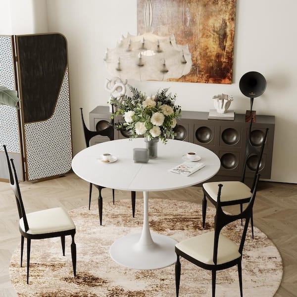 Unbranded Modern White Wood 42 in. Round Pedestal Dining Table with Printed Wood Grain Table Top Seats 2