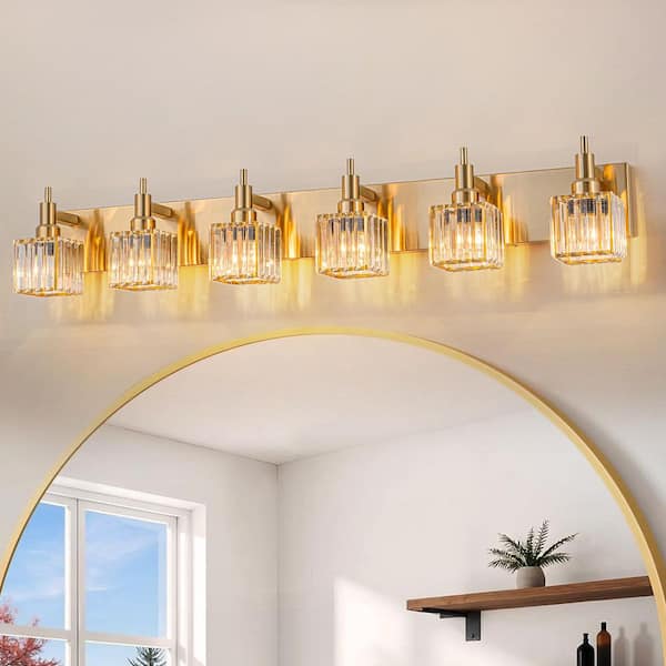 43.31 in. 6-Light Modern Gold Bathroom Vanity Light with Crystal Shades