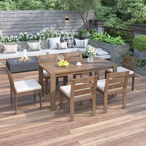 Brown 7-Piece Acacia Wood Outdoor Dining Set with White Cushions and Dining Table for Patios, Backyards, Poolside