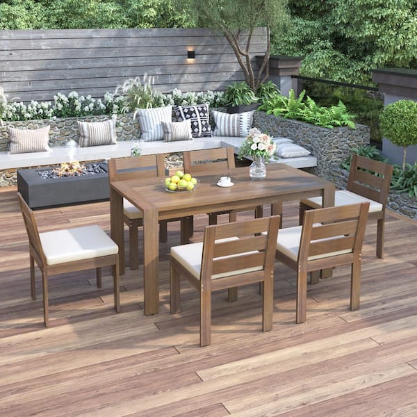 Zeus & Ruta Brown 7-Piece Acacia Wood Outdoor Dining Set with White Cushions and Dining Table for Patios, Backyards, Poolside