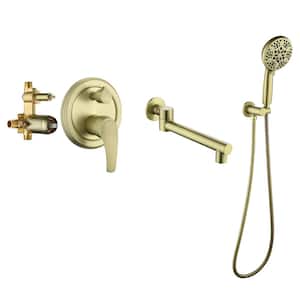 Single Handle Wall-Mount Roman Tub Faucet with Hand Shower and 180° Swivel Tub Spout in Brushed Gold