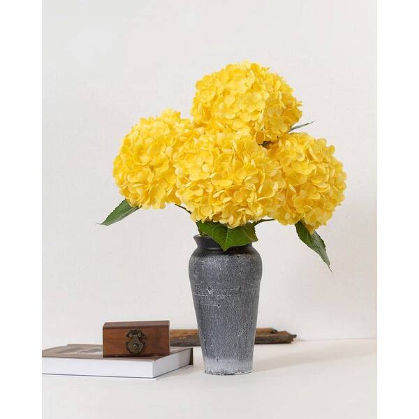 3-Piece 20 in. Yellow Hydrangea Artificial Flowers Latex Real