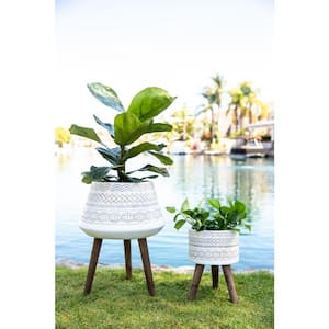 18 in. and 10 in. White Tribal Fiberglass Plant Pot on Wood Stand Mid-Century Planter (Set of 2)
