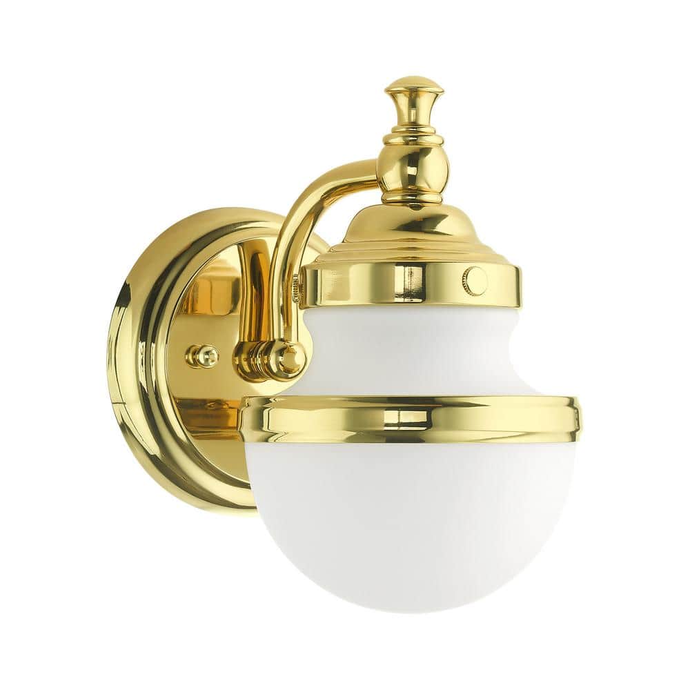 Oldwick Polished Brass 1-Light Sconce with Satin Opal White Glass