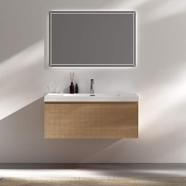 36 in. W Single Sink Natural Oak Floating Bath Vanity with White Solid Surface Top