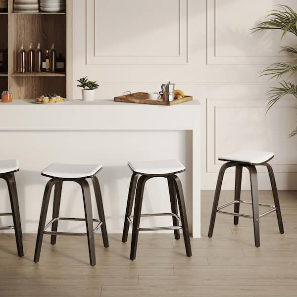 25 in. Counter Height Stool in Leather with Poplar Wood Legs 360 sq. Swivel Seat in Dark Walnut/White