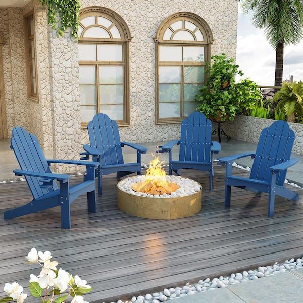LUE BONA Hampton Curveback Navy Blue All-Weather Plastic Outdoor Patio Adirondack Chair with Cup Holder Fire Pit Chair Set of 4