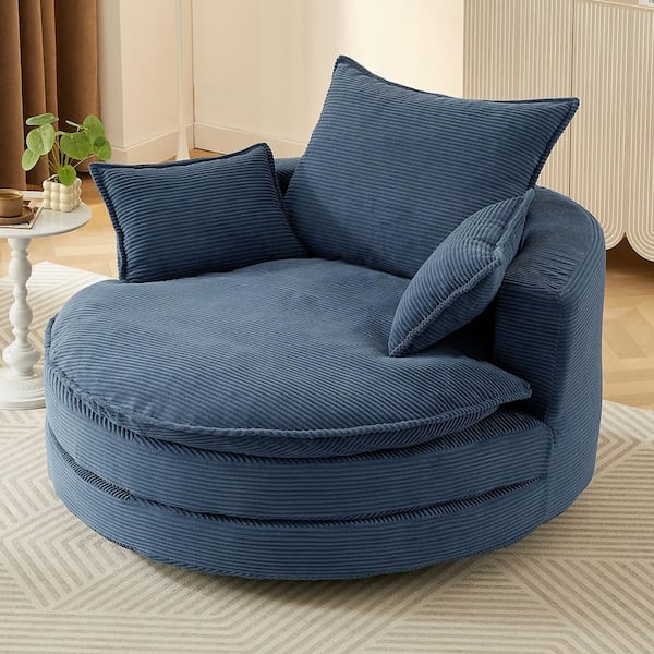 Helora Modern Blue Corduroy Fabric Upholstery Swivel Round Sofa Chair Accent Barrel Arm Chair with Pillows