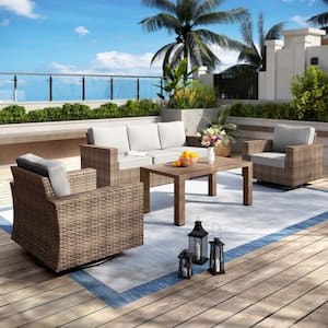 Brown Rattan Wicker 4-Piece Outdoor Patio Conversation Set with Swivel Rocking Chairs, Table, and Light Gray Cushions