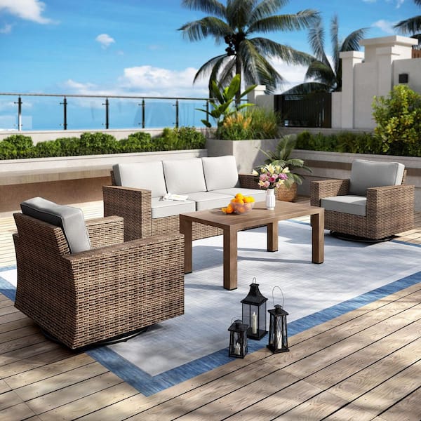 Brown Rattan Wicker 4-Piece Outdoor Patio Conversation Set with Swivel Rocking Chairs, Table, and Light Gray Cushions