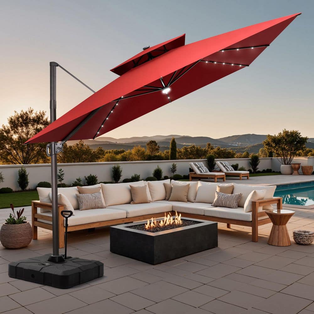 canvas madrid offset patio umbrella with base red 11-ft Pellebant 11 ft. x 11 ft. Aluminum Solar LED Lighted Patio Cantilever Umbrella Offset 360° Rotation in Red with 350 lbs. Base
