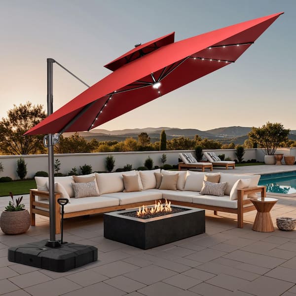 11 ft. x 11 ft. Aluminum Solar LED Lighted Patio Cantilever Umbrella Offset 360° Rotation in Red with 300 lbs. Base