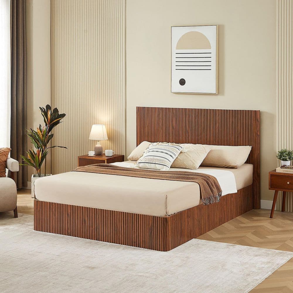 Spirited Country Rustic Oak Brown Finish Wood Frame King Platform Bed with Corrugated Curved Lines Headboard