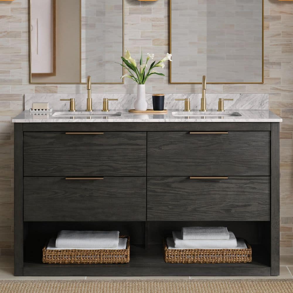 Kortine 60 in. Double Sink Black Oak Bath Vanity with White Natural Carrara