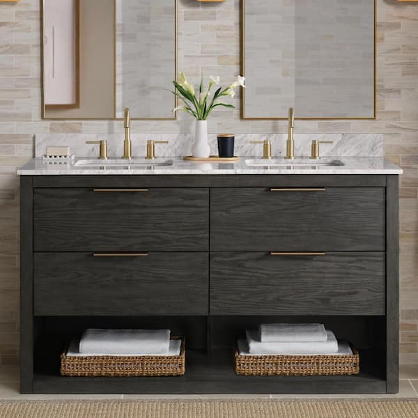 Kortine 60 in. Double Sink Black Oak Bath Vanity with White Natural Carrara Top (Assembled)