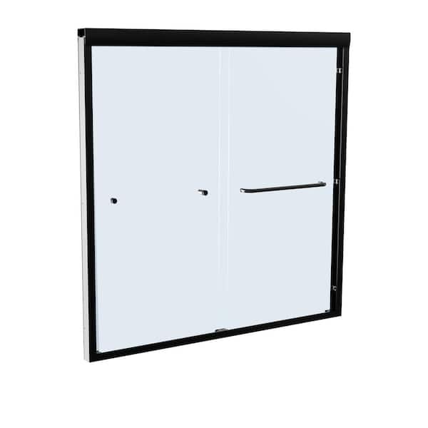 Unbranded 60 in. W x 58 in. H Semi-Frameless Double Sliding Tub Door in Matte Black with Explosion-Proof Film Tempered Clear Glass
